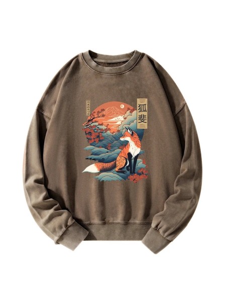 Japanese Kitsune Fox Sakura Washed Sweatshirt