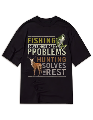 With A Fish Motif on The Left and A Deer Motif on The Right, The Design Is Full of Outdoor and Hunting Fishin-Men'S Casual Cotton T-shirt with Unique Pattern Printing