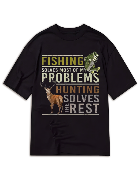 With A Fish Motif on The Left and A Deer Motif on The Right, The Design Is Full of Outdoor and Hunting Fishin-Men'S Casual Cotton T-shirt with Unique Pattern Printing