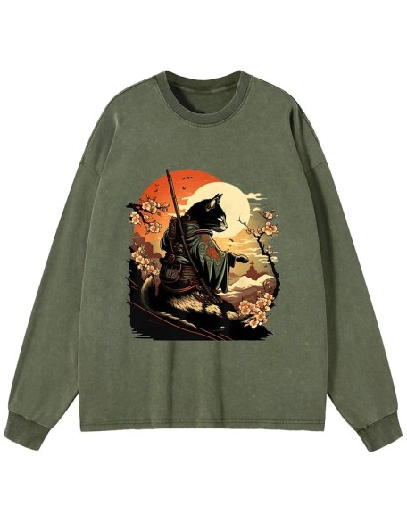 Cat Ninja Ukiyo-e Anime Style Samurai Washed Long Sleeve T-Shirt