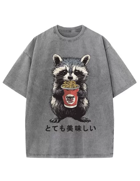 Cute Raccoon Eating Ramen Japanese Washed T-Shirt