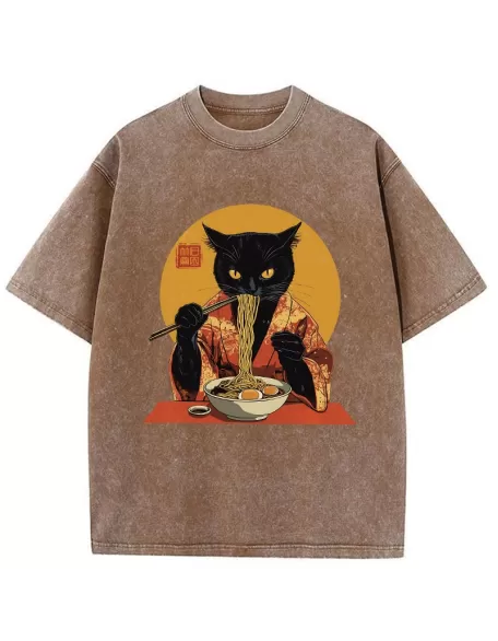 Ramen-obsessed Cat Washed T-Shirt
