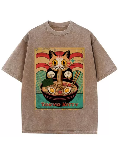 Retro Cat Eating Ramen Japan Washed T-Shirt