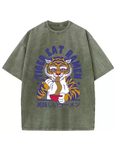 Funny Tiger Eating Ramen Washed T-Shirt