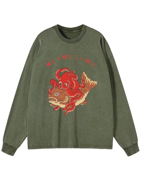 Octopus And Koi Dance Together Washed Long Sleeve T-Shirt