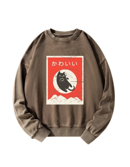 Cute Black Cat Japanese Washed Sweatshirt