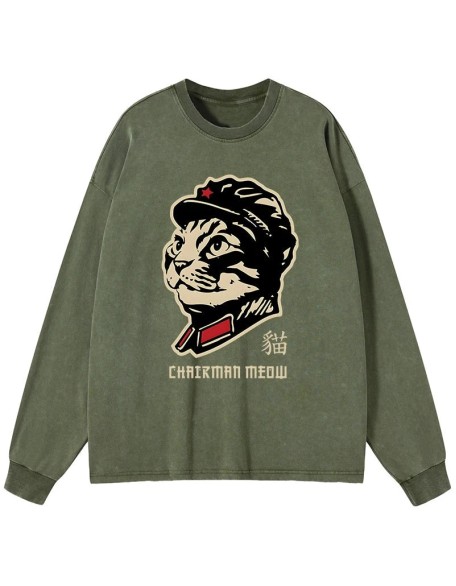 Chinese Spirit Cat Washed Long Sleeve T-Shirt