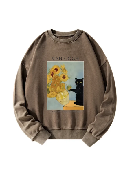 Black Cat With Sunflowers Washed Sweatshirt