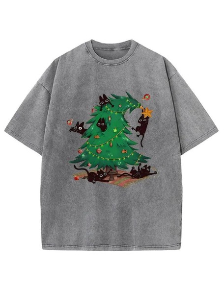 Cat Hiding In The Christmas Tree Washed T-Shirt