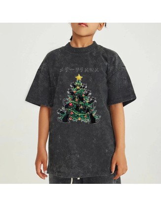 Meowy Christmas Tree Kids Washed T-Shirt