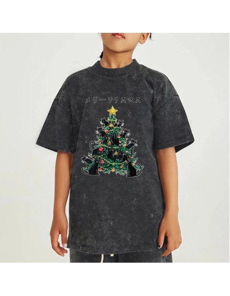 Meowy Christmas Tree Kids Washed T-Shirt