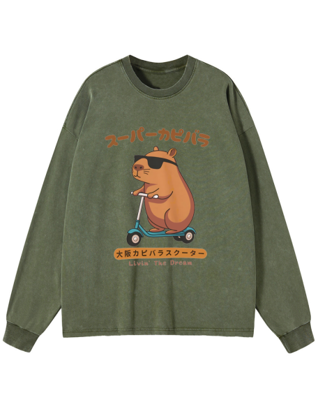 Osaka Capybara Scooter Washed Long Sleeve T-Shirt