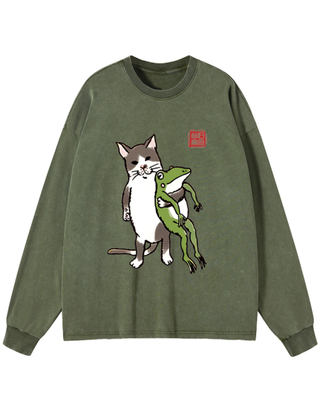 Cat Holding A Frog Washed Long Sleeve T-Shirt