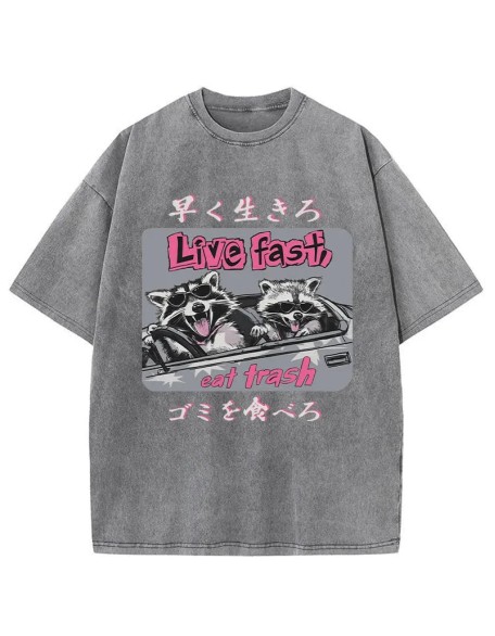 Live Fast Eat Trash Raccoon Japanese Washed T-Shirt