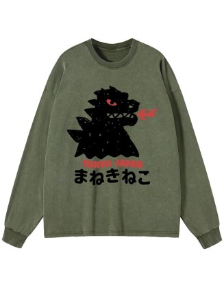 Japanese Fortune Cat Washed Long Sleeve T-Shirt