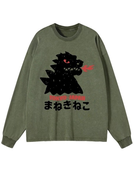 Japanese Fortune Cat Washed Long Sleeve T-Shirt