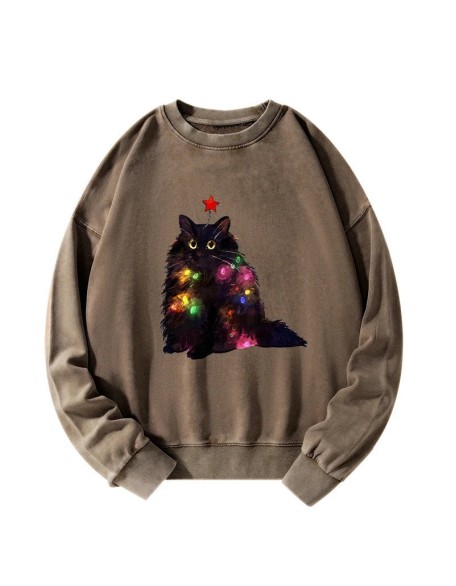 Christmas Lights Cat Washed Sweatshirt