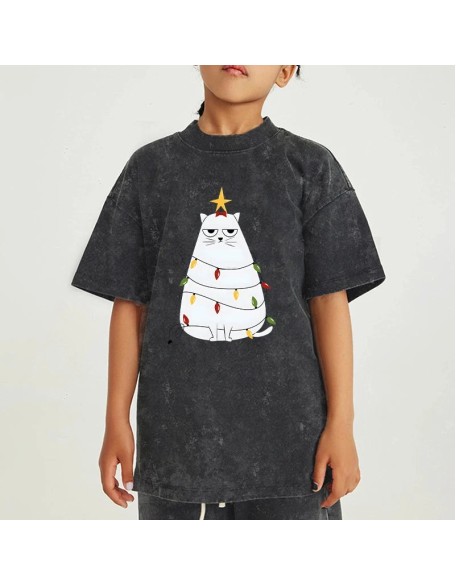 Chubby Cat Celebrates Christmas Kids Washed T-Shirt