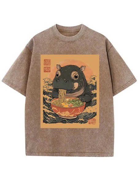 Moo Deng Eat Ramen Washed T-Shirt