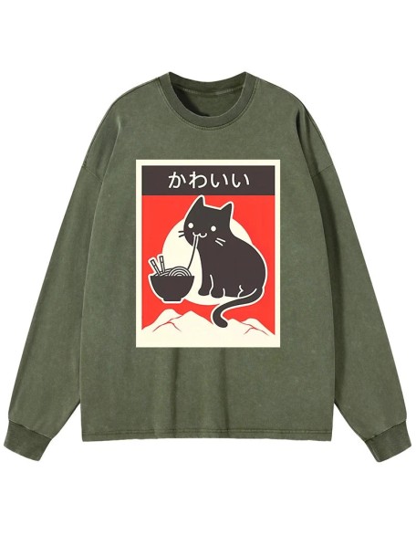 "Kawaii" Vintage Style Japenese Ramen Cat Washed Long Sleeve T-Shirt
