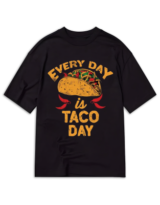 Every Day is Taco Day Print T-Shirt, Casual Short Sleeve Crew Neck Top, Polyester Elastane Blend, Regular Fit, Tribal Pattern, All Season, Women'S Clothing