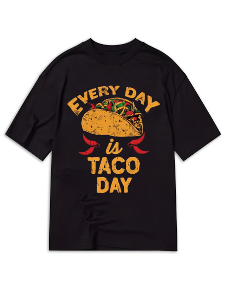 Every Day is Taco Day Print T-Shirt, Casual Short Sleeve Crew Neck Top, Polyester Elastane Blend, Regular Fit, Tribal Pattern, All Season, Women'S Clothing