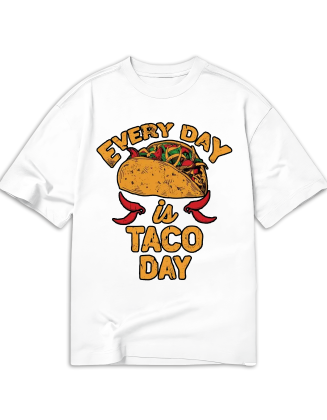 Every Day is Taco Day Print T-Shirt, Casual Short Sleeve Crew Neck Top, Polyester Elastane Blend, Regular Fit, Tribal Pattern, All Season, Women'S Clothing