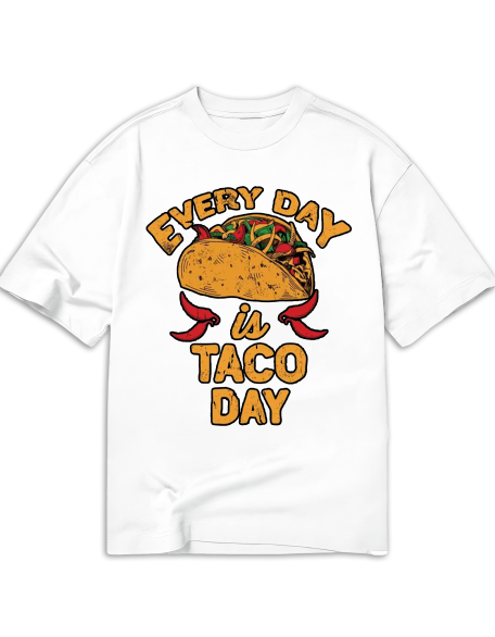 Every Day is Taco Day Print T-Shirt, Casual Short Sleeve Crew Neck Top, Polyester Elastane Blend, Regular Fit, Tribal Pattern, All Season, Women'S Clothing