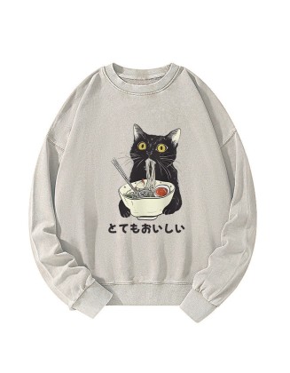 Cats Eat Ramen Noodles Washed Sweatshirt