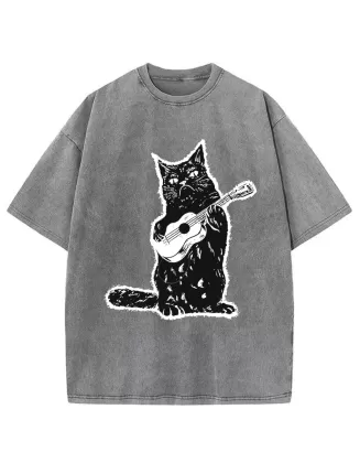 Cat Playing Guitar Washed T-Shirt