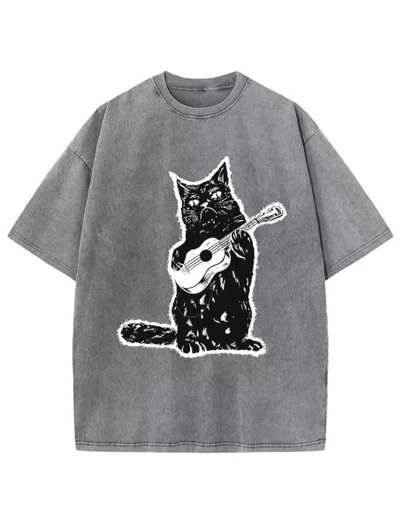 Cat Playing Guitar Washed T-Shirt