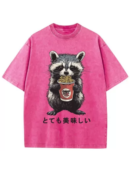 Cute Raccoon Eating Ramen Japanese Washed T-Shirt