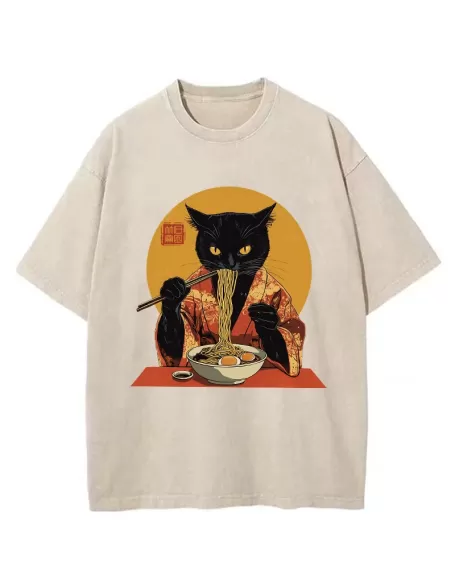 Ramen-obsessed Cat Washed T-Shirt