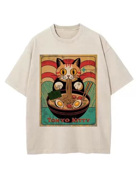 Retro Cat Eating Ramen Japan Washed T-Shirt