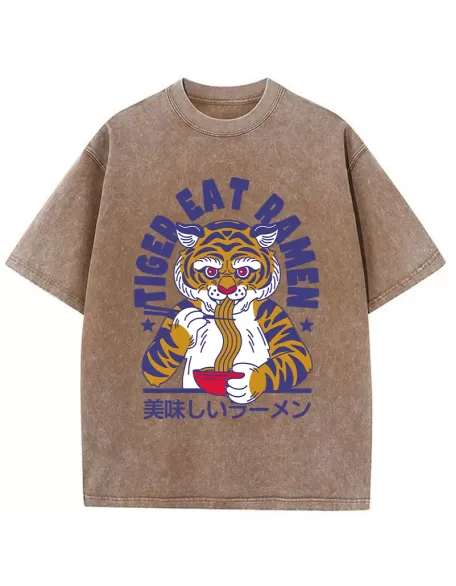 Funny Tiger Eating Ramen Washed T-Shirt