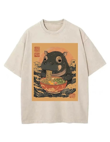 Moo Deng Eat Ramen Washed T-Shirt