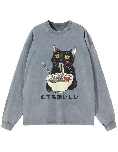 Cats Eat Ramen Noodles Washed Long Sleeve T-Shirt