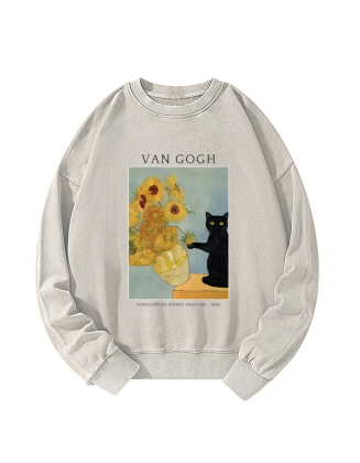 Black Cat With Sunflowers Washed Sweatshirt