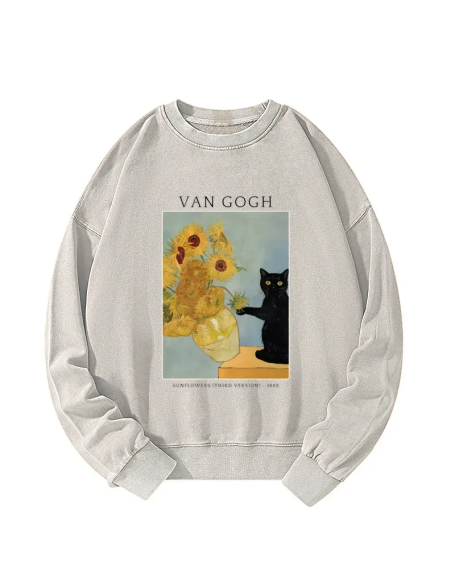 Black Cat With Sunflowers Washed Sweatshirt