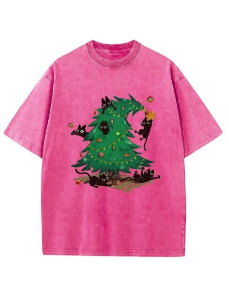 Cat Hiding In The Christmas Tree Washed T-Shirt