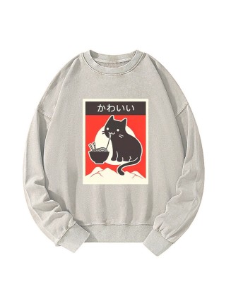 "Kawaii" Vintage Style Japenese Ramen Cat Washed Sweatshirt