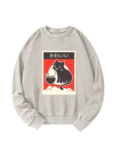 "Kawaii" Vintage Style Japenese Ramen Cat Washed Sweatshirt
