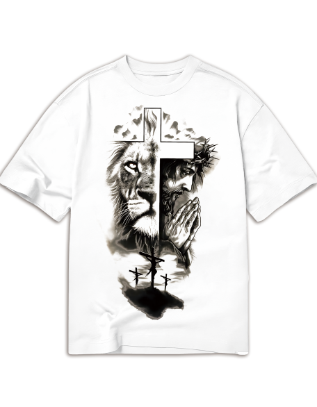Men's Summer Cross & Lion Print Round Neck Short Sleeve Casual T-Shirt