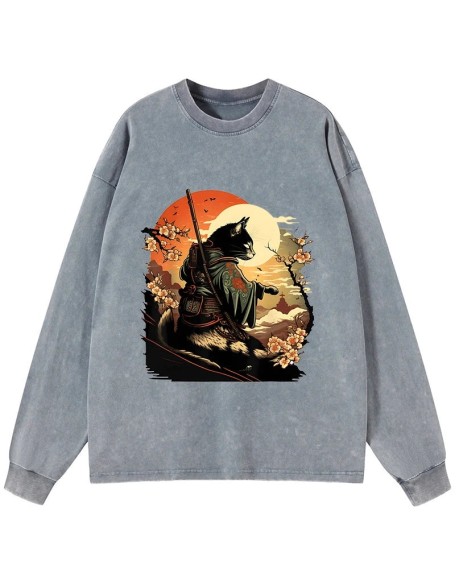 Cat Ninja Ukiyo-e Anime Style Samurai Washed Long Sleeve T-Shirt