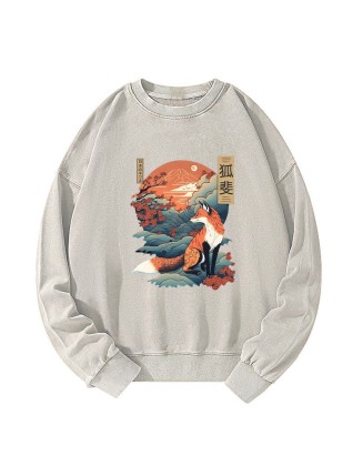 Japanese Kitsune Fox Sakura Washed Sweatshirt