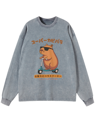 Osaka Capybara Scooter Washed Long Sleeve T-Shirt
