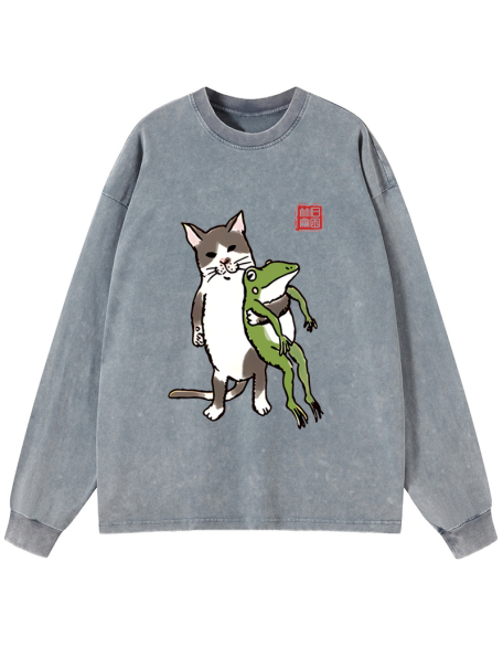 Cat Holding A Frog Washed Long Sleeve T-Shirt