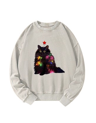 Christmas Lights Cat Washed Sweatshirt