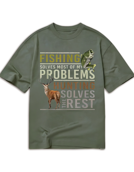 With A Fish Motif on The Left and A Deer Motif on The Right, The Design Is Full of Outdoor and Hunting Fishin-Men'S Casual Cotton T-shirt with Unique Pattern Printing