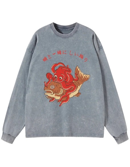 Octopus And Koi Dance Together Washed Long Sleeve T-Shirt